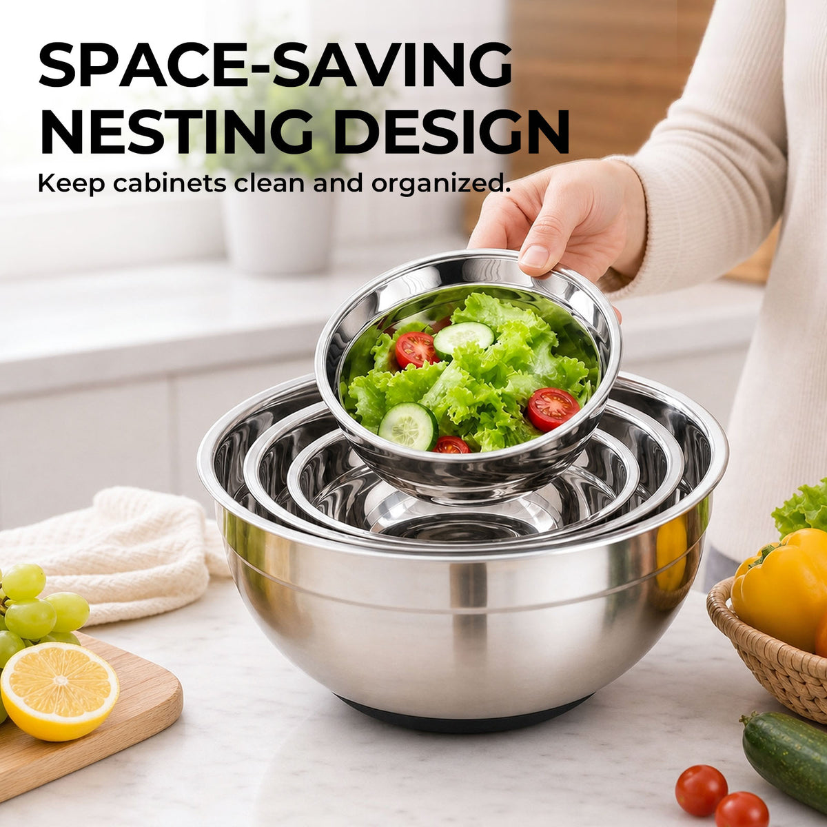 Parmedu Stainless Steel Nesting Mixing Bowls with Airtight Lids Set of 5
