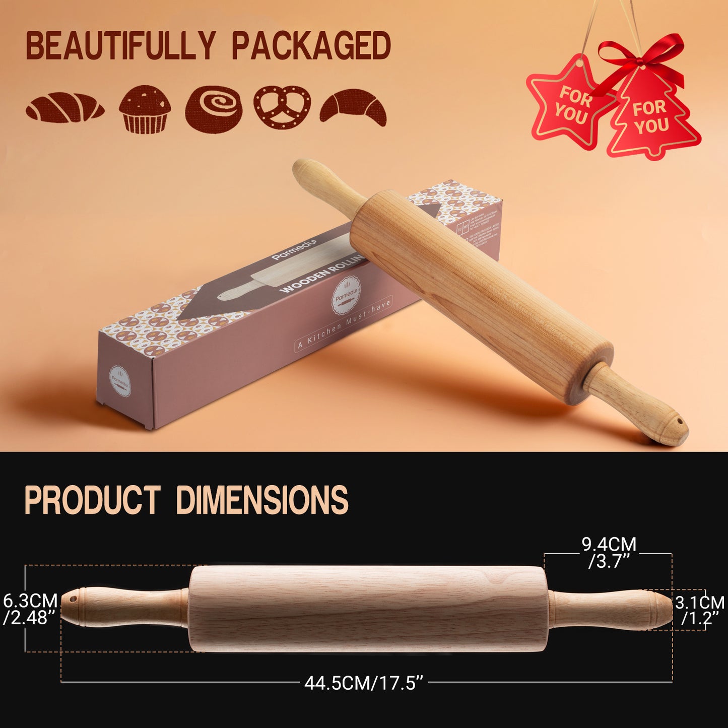 Classic Wooden Rolling Pin 17.5 Inch