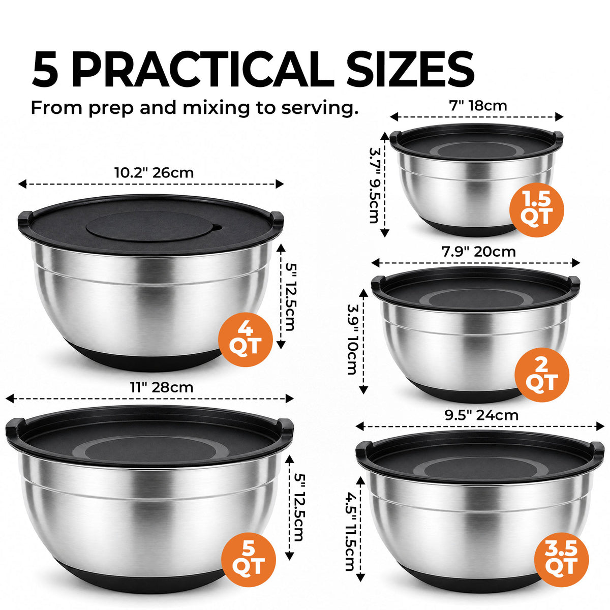 Parmedu Stainless Steel Nesting Mixing Bowls with Airtight Lids Set of 5