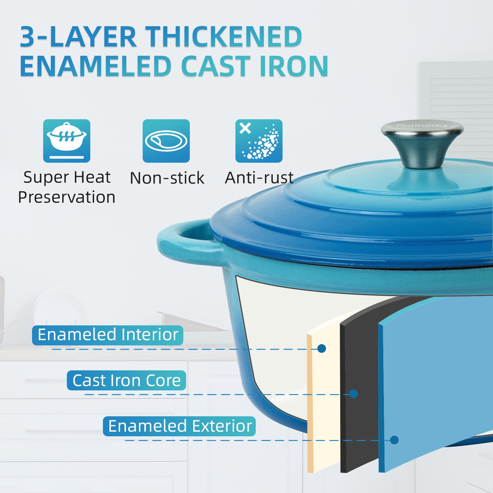 6 Qt Enameled Cast Iron Dutch Oven Pot with Lid Heavy-Duty Casserole Dish  Blue